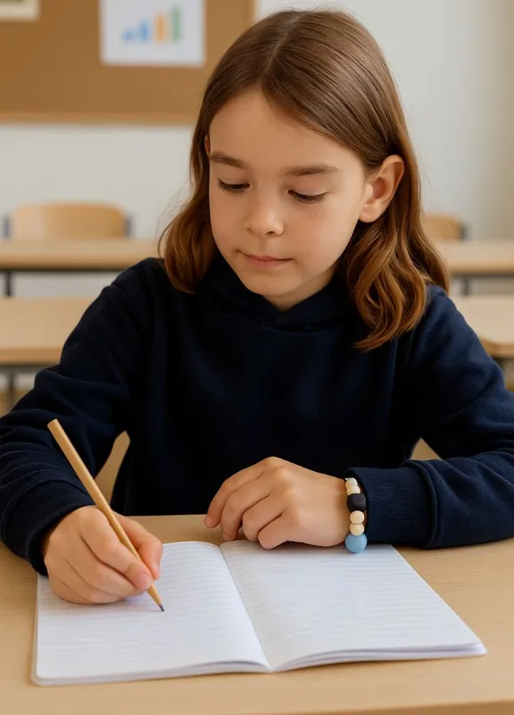 Kind gebruikt CalmBeads kauwarmband tijdens schoolwerk