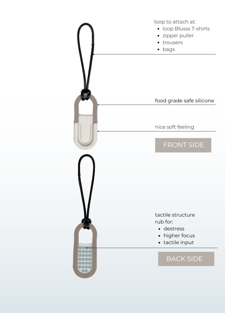 Zen Chewy Fidget met voor- en achterkant en tactiele structuur.