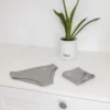 Onderbroek en bijpassende set op een witte kast naast een plant.