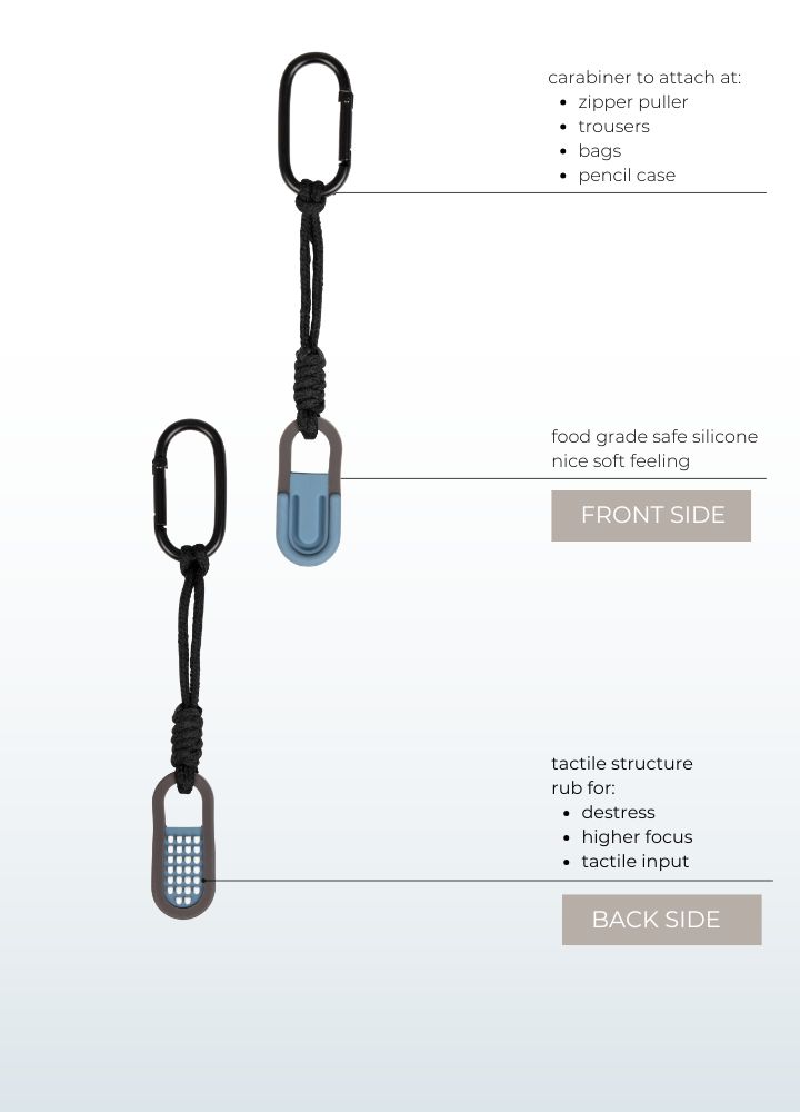 Voor- en achterkant van de ZenKey chewy fidget sleutelhanger in Soothing Blue